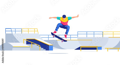 Teenager skateboarding performing aerial trick at skate park