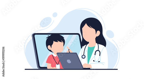 A female doctor in a white medical coat gestures toward a laptop while consulting with a young boy through a digital display in a clean, minimalist health clinic setting.