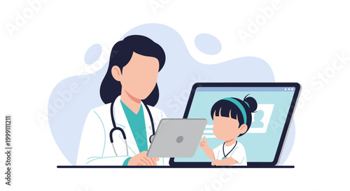 A pediatrician with a stethoscope consults a young child via a video conference on a computer monitor in a bright, modern clinical office flat vector art illustration.