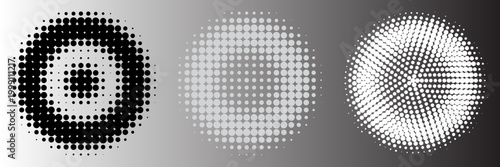 Halftone gradient set. Dotted textured round and square patterns. Cartoon faded background collection.