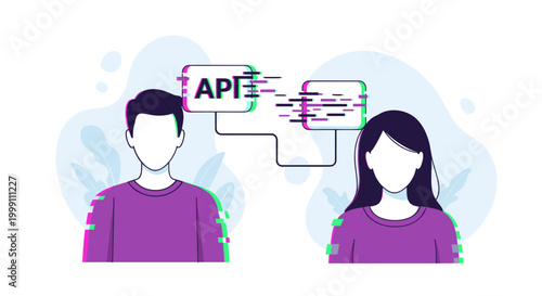 A male and female figure interface with digital API data packets in a modern, abstract flat vector illustration with vibrant purple and cyan glitch color accents throughout.
