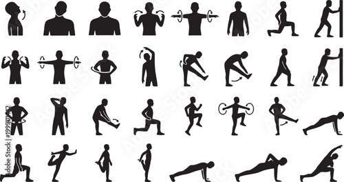 Dynamic Stretching and Warm-up Routine Silhouette Icon Sequence.