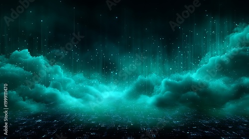 A digital sky filled with glowing lights and floating clouds, representing the intersection of technology and nature.