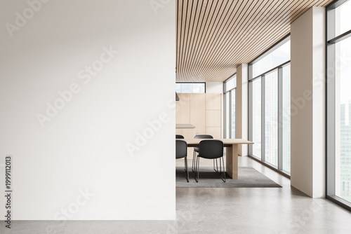 Blank wall mockup beside modern interior space with wooden ceiling, large windows and minimalist dining area in bright architecture setting. 3D Rendering