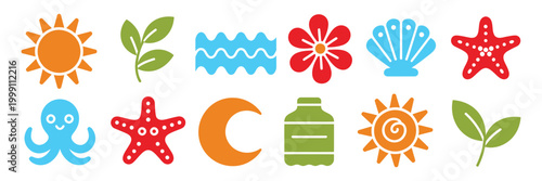 Summer boho color element set, hand drawn vector illustration, sun, sea, wave, flowers, boat, seashell, vase, starfish, and tropical leaves in naive style, vibrant tropical print for vacation beach.