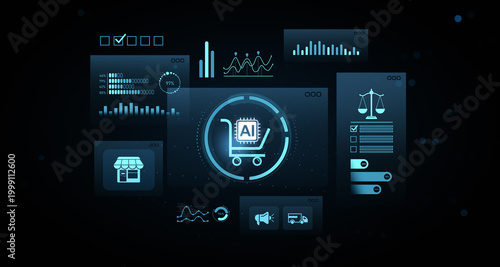 Digital shopping cart with AI chip icon surrounded by futuristic analytics panels and glowing interface elements on dark tech background.. 3D Rendering