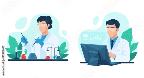 A focused researcher wearing protective goggles and a lab coat carefully manages chemical solutions in glassware while another person reviews data on a computer.