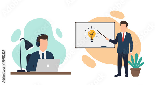 A business professional wearing headphones works at a laptop while a colleague explains an innovative lightbulb concept on a whiteboard in a bright office.