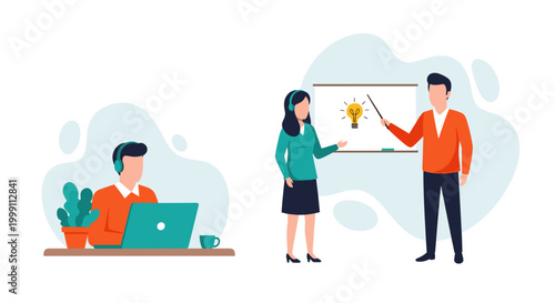 An office worker uses a laptop with headphones while a woman and man collaborate on a creative lightbulb idea at a whiteboard in an open workspace.