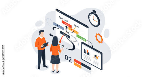 A team of two professional employees reviews agile sprint planning workflows on a digital interface display set against a clean white background with soft gray shadows.