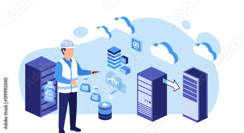 A technician wearing a hard hat and safety vest monitors large server racks with floating data icons and cloud storage elements in a sterile computer data center.