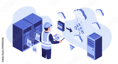 A specialized hardware engineer holds a tablet while overseeing cloud-based server file transfers between large mainframes in a high-tech modern corporate data center.