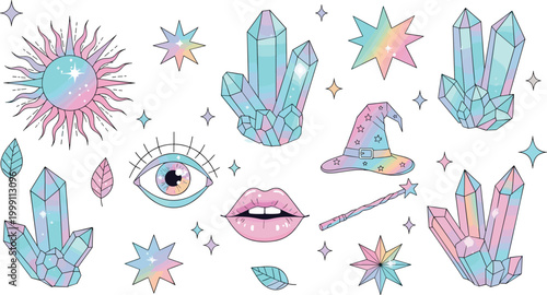 Pastel magical fantasy elements set with crystals eye lips and witch hat vector illustration mystical boho design collection