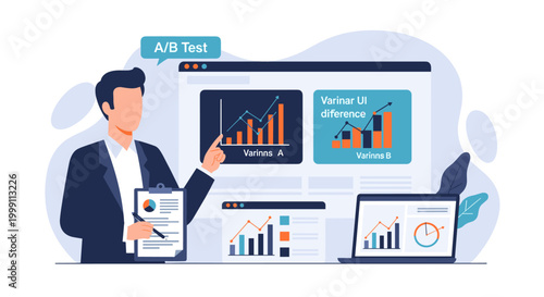 A professional man in a suit presents A/B testing data using charts and graphs on a large monitor with a clipboard in his hand in a bright office environment.