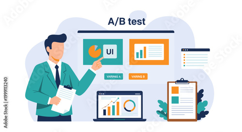 A male analyst in a green blazer points at UI design variations on a digital screen for an A/B test with a physical clipboard in his workspace background.