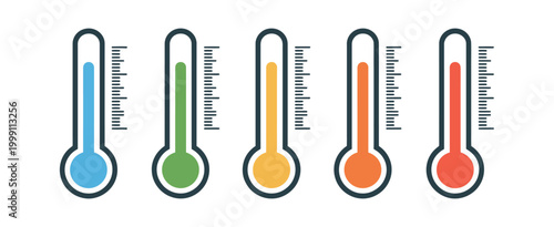 Thermometer icon set featuring multicolor temperature indicators, blue to red gradient levels, climate and weather concept vector design
