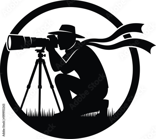 Photographer Silhouette with Camera and Tripod in Circular Frame