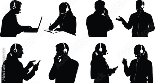 customer service representatives silhouettes with headsets on white background