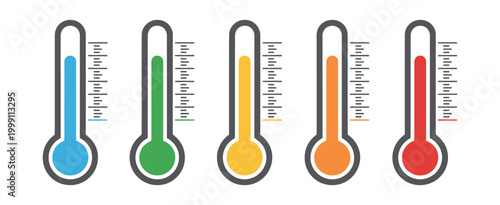 Thermometer icon set colorful vector illustration with temperature levels in blue, green, yellow, orange and red