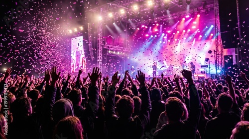 Vibrant music concert crowd with confetti, energetic live performance under pink stage lights, cheering fans at outdoor festival event