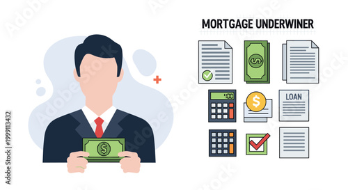 A man in a formal suit holds a single banknote while positioned next to a grid of various financial loan document icons and icons of a calculator.