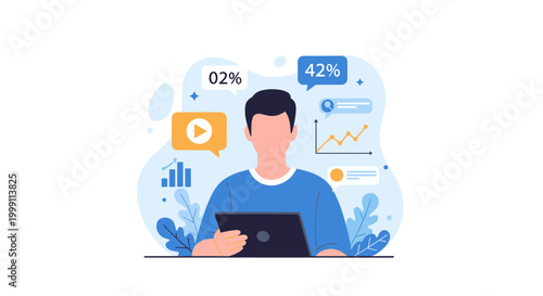 A young man uses a digital tablet while surrounded by various floating data charts, percentage indicators, and social media analytics icons in a light blue minimalist environment.