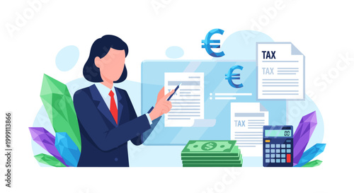 A professional woman in a dark blazer points toward digital tax documentation on a screen with large stacks of currency and a black calculator in a brightly lit environment.