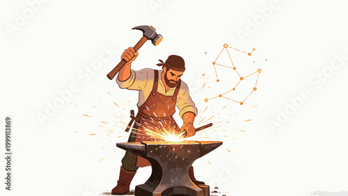 Bearded Blacksmith Forging a Custom Constellation: Traditional Craft Meets Celestial Inspiration in Warm Toned Flat Digital Illustration