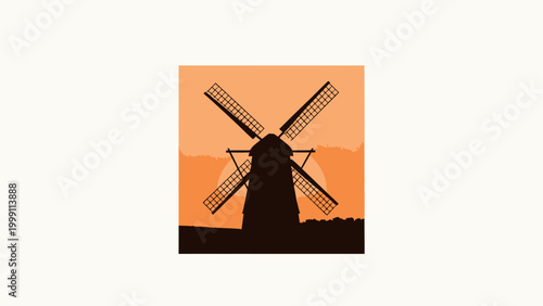 Minimalist Flat Illustration Silhouette of a Traditional Windmill Against a Warm Gradient Golden Sunset Over Rural Rolling Hills