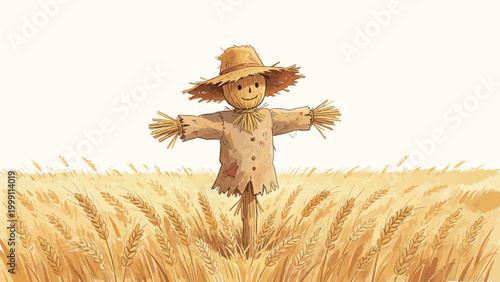 A Smiling Straw Scarecrow Standing Alone in a Golden Ripening Wheat Field, Warm Watercolor Illustration of a Peaceful Rural Autumn Harvest Scene