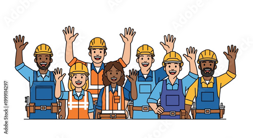 Diverse construction workers waving hands.