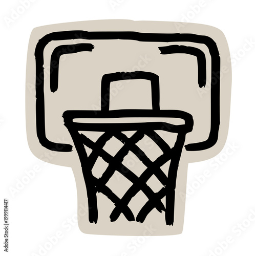Basketball hoop scrapbook collage style, backboard, net, rim, sports gear, athletic equipment, game target, court item, aesthetic torn paper cutout junk journal