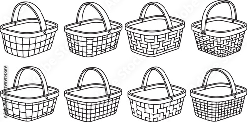Isometric vector set of wicker baskets with lids and handles Vector