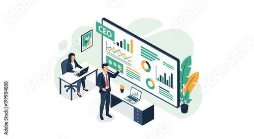 A male CEO presents business growth charts on a large wall screen while a colleague works at a desk in a bright professional isometric corporate office setting.