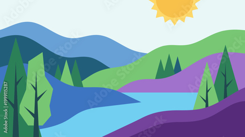 Foto A vibrant and colorful landscape artwork featuring rolling hills, lush trees, and a bright sun above a serene body of water, evoking feelings of peace and nature