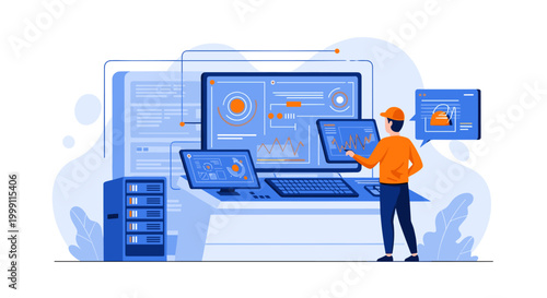 The operator utilizes a digital stylus to adjust complex network performance metrics on a large central dashboard within a blue-toned server control room environment.