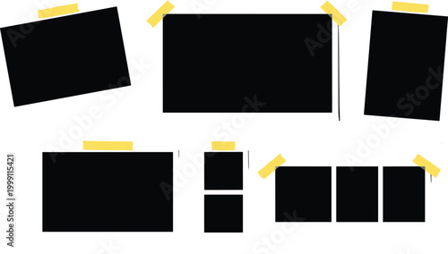 Photo frame mockup set with tape scrapbook collage template vector illustration blank black placeholders for memory album design