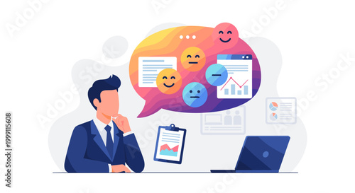 A businessman sits at a desk with a laptop reflecting on various customer feedback emojis inside a colorful thought bubble within a professional office workspace environment.