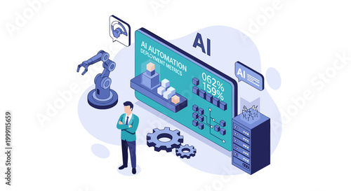 An employee stands beside a digital dashboard showing complex AI deployment metrics while a robotic arm and server racks operate in an isometric business environment.
