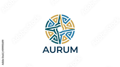This intricate logo design features a circular pattern in gold and blue hues, symbolizing unity, luxury, and sophistication suitable for upscale brands.