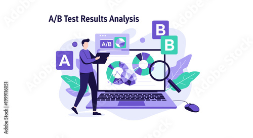 A male professional standing beside a laptop analyzes A/B test data using a magnifying glass while surrounded by floating letter icons in a modern workspace.