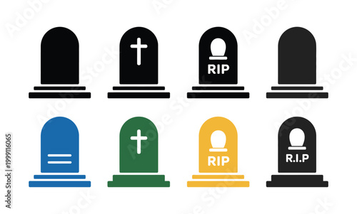 Tombstone icon set, RIP gravestone and graveyard symbols, funeral and memorial concept vector illustration