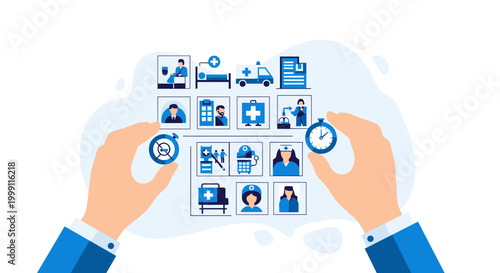 Hands hold stopwatches over a grid of medical icons showing hospital staff, ambulances, and clinical equipment in a blue-toned healthcare management illustration.