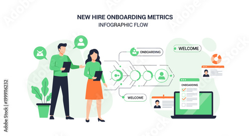 Two professionals in corporate attire discuss new hire onboarding metrics using a laptop and document workflow diagrams against a light green background.