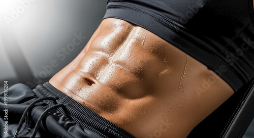 Close up of sweaty abdominal muscles on a fit person. Highly defined six pack abs glistening with sweat after a gym workout. Fitness and bodybuilding concept
