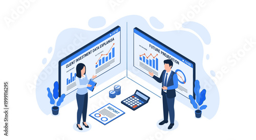 A business man and woman discuss financial data on digital screens featuring bar charts and projections in a professional office environment with cool blue lighting.