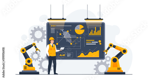 A technician observes industrial performance charts and data trends on a large screen positioned between two automated robot arms in a modern factory setting.