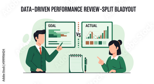 Business professionals analyze project performance metrics through split charts comparing goal and actual data points while standing in a bright office environment setting.