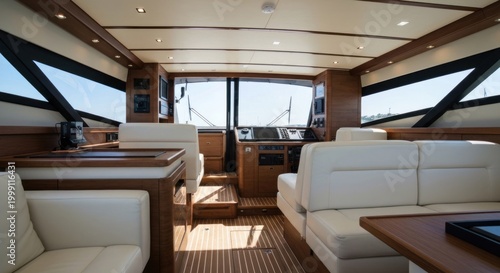 Interior of a luxury yacht with light wood, leather seating, and large windows