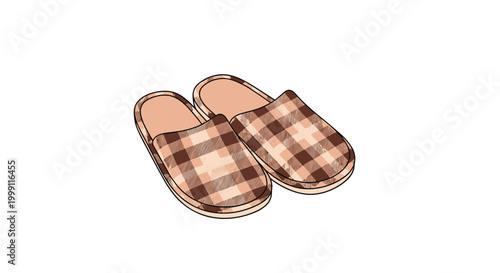 Pair of comfortable indoor slippers with a classic brown and tan plaid pattern are ideal for warm and cozy relaxation at home.